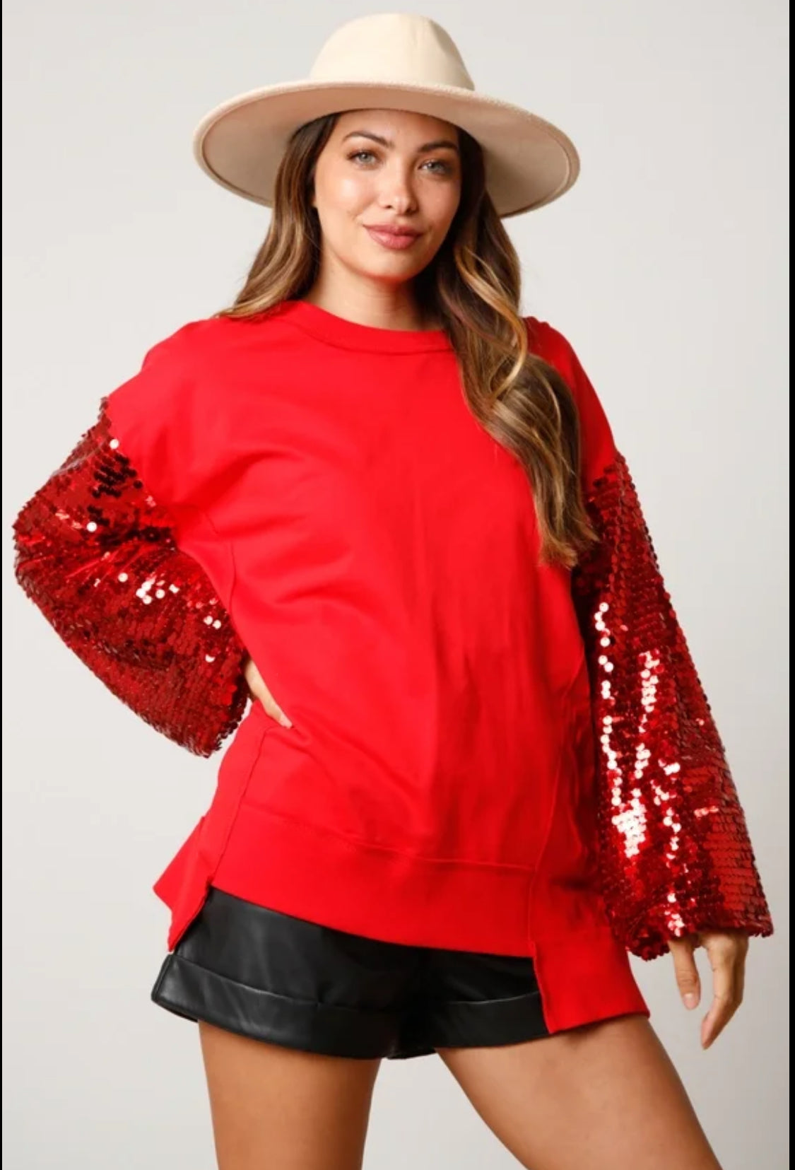 Red sequin sleeve sweatshirt