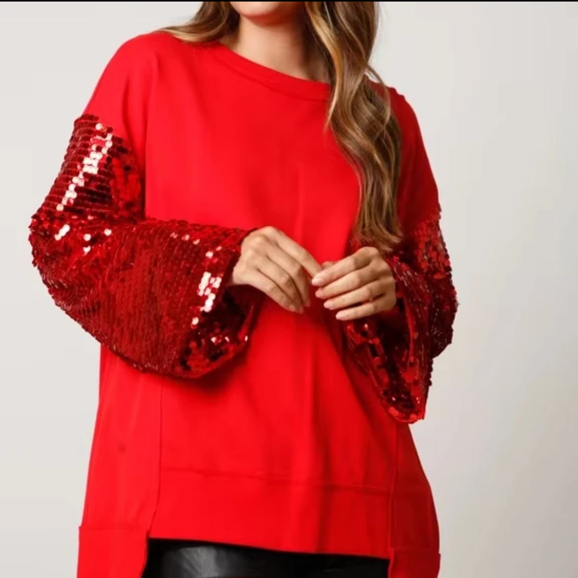 Red sequin sleeve sweatshirt