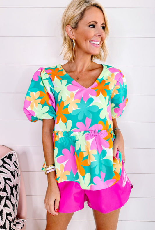 Pink floral puff sleeve top