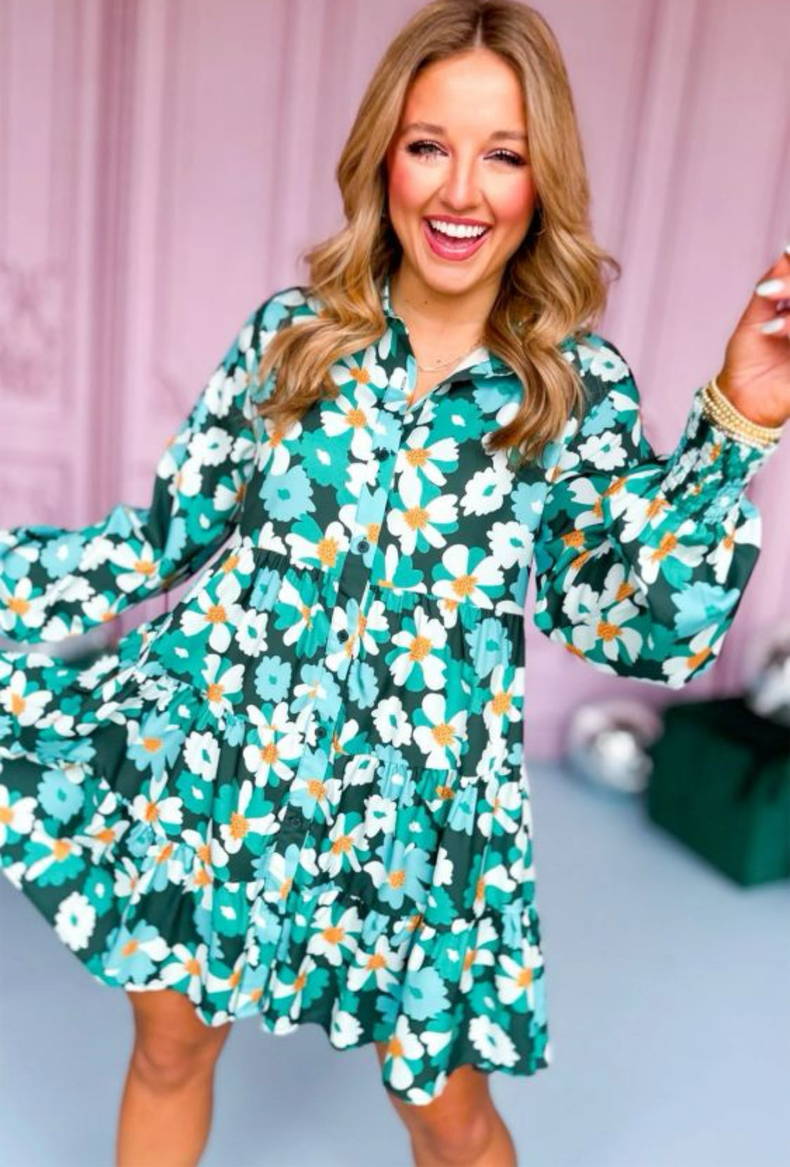 Green floral long sleeve dress