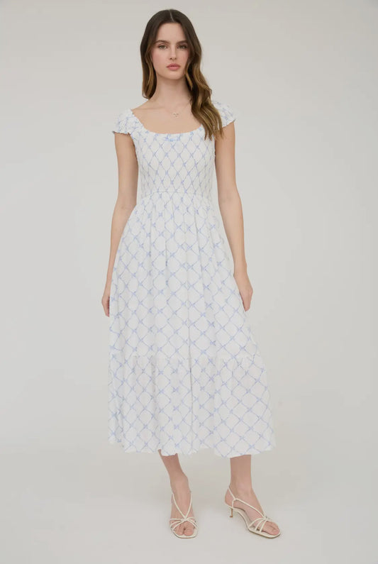 Bow pattern smocked midi dress
