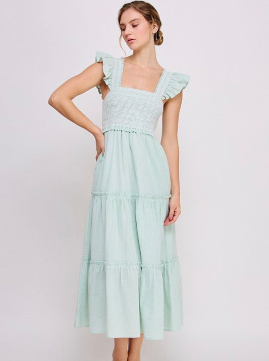 Green smocked ruffle midi dress