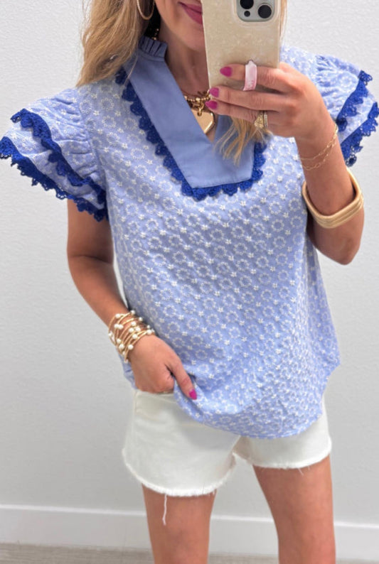 Blue embroidery flowers blouse