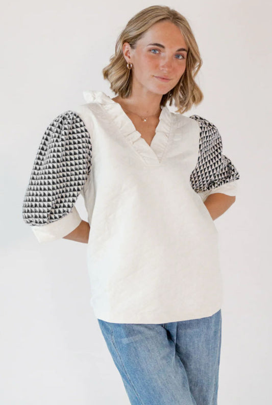 White textured short sleeve blouse