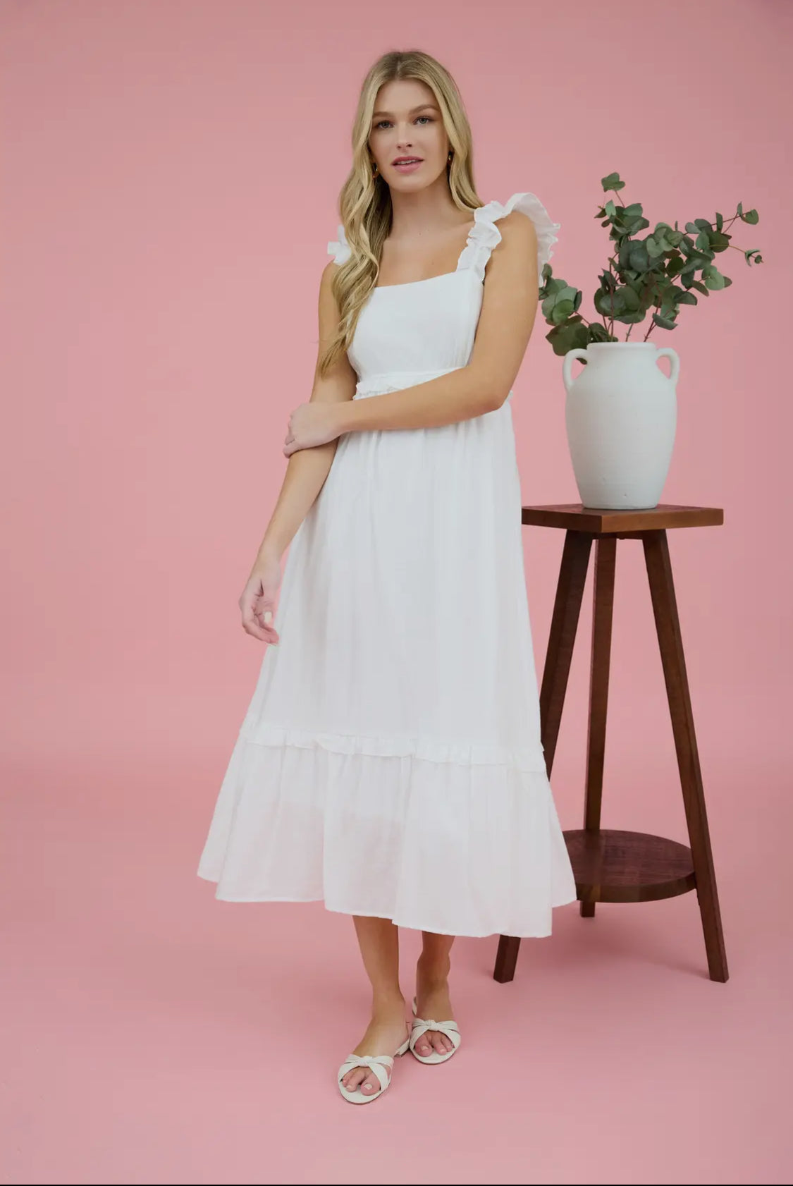 White ruffle sleeve midi dress