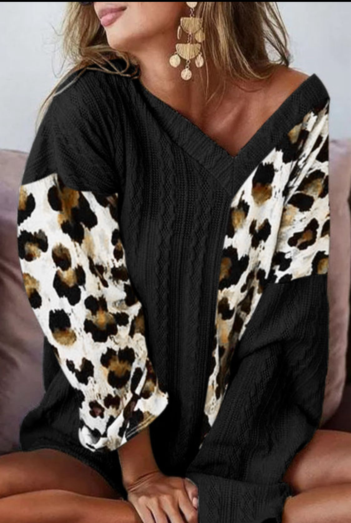 Leopard print V neck sweater