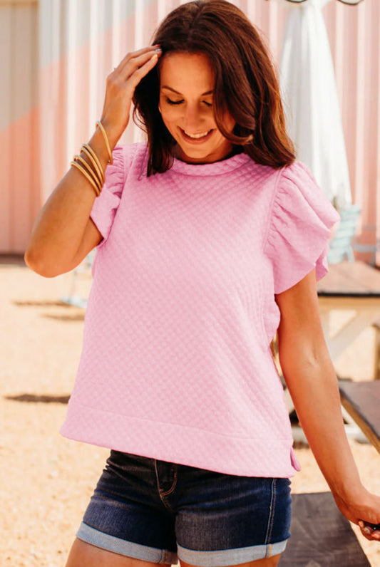 Pink textured ruffled sleeve top