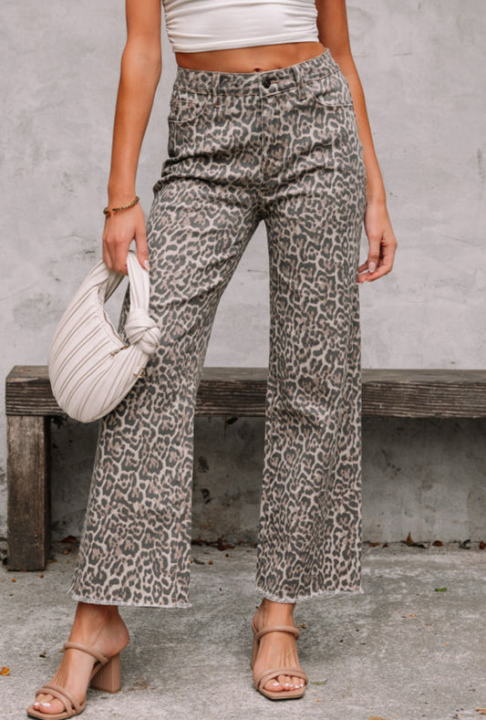Leopard print wide leg high waist jeans