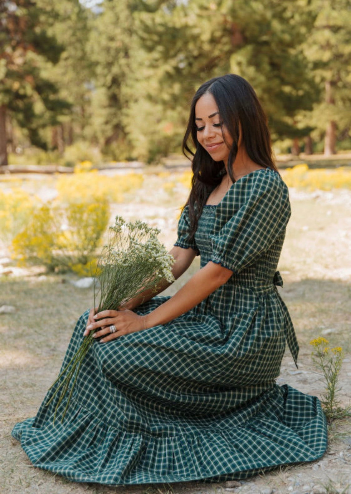 Green plaid square neck dress