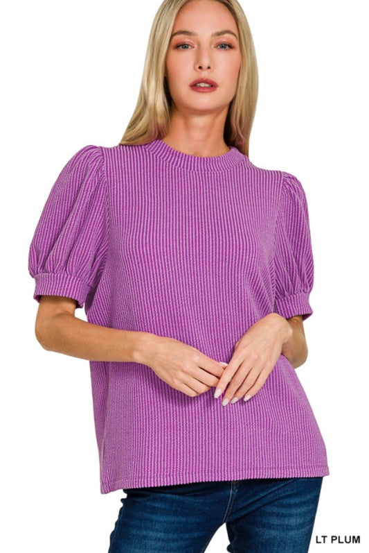 Raised rib puff sleeve top ( plum)