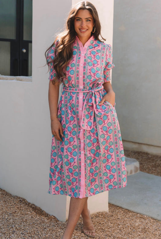 Pink floral midi dress