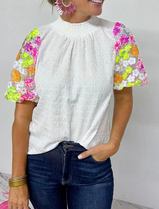 White sequin sleeve blouse