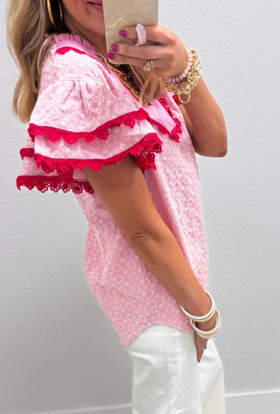 Red embroidery flower blouse