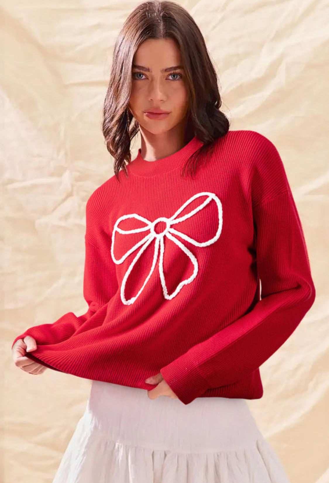 Bow embroidery red sweater