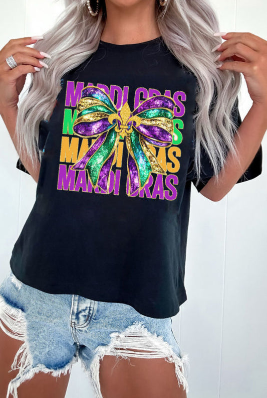 Black Mardi Gras bowknot printed tee