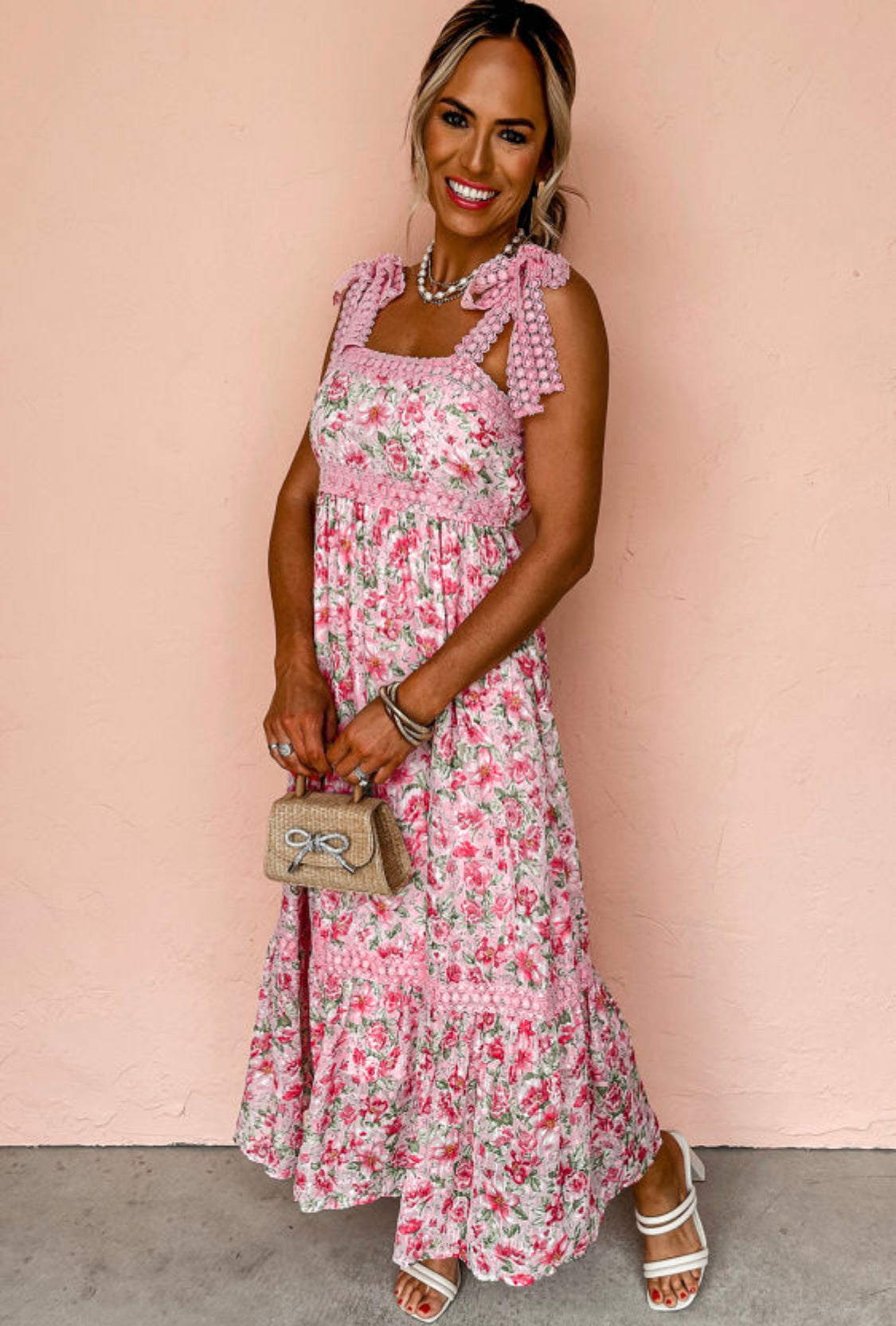 Pink floral lace tied strap maxi dress