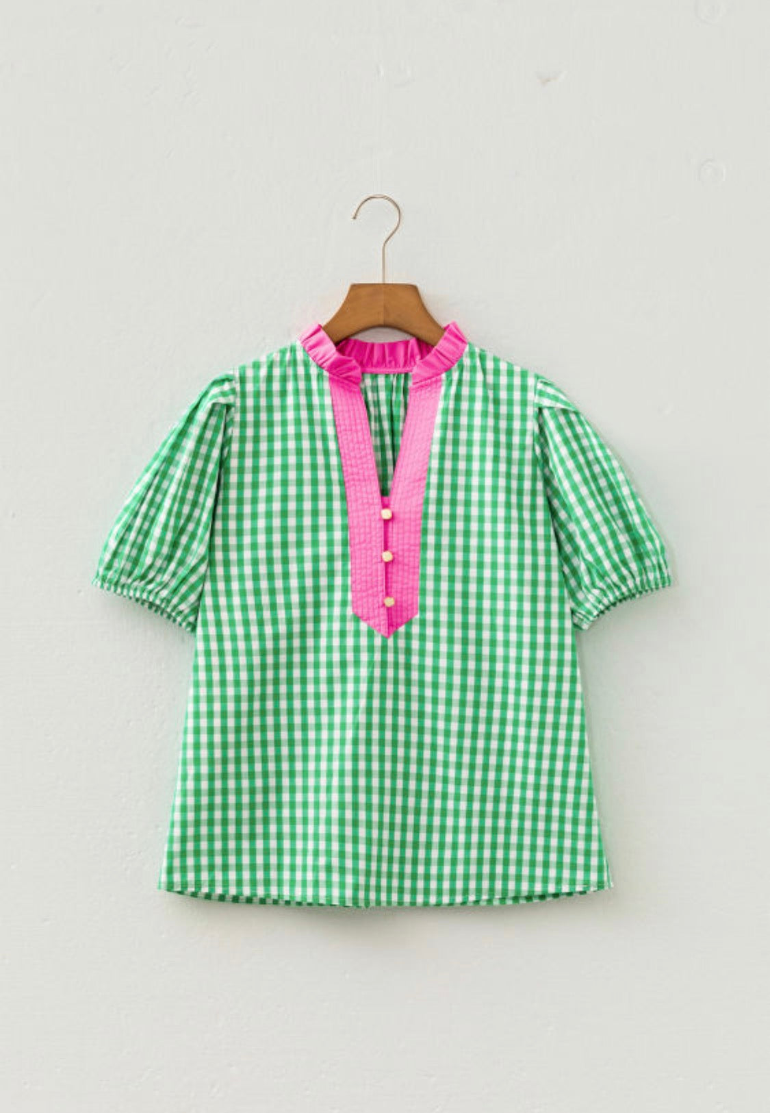 Green gingham plaid top