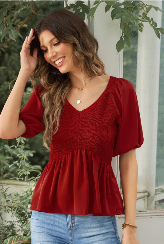 Smocked ballon sleeve peplum blouse