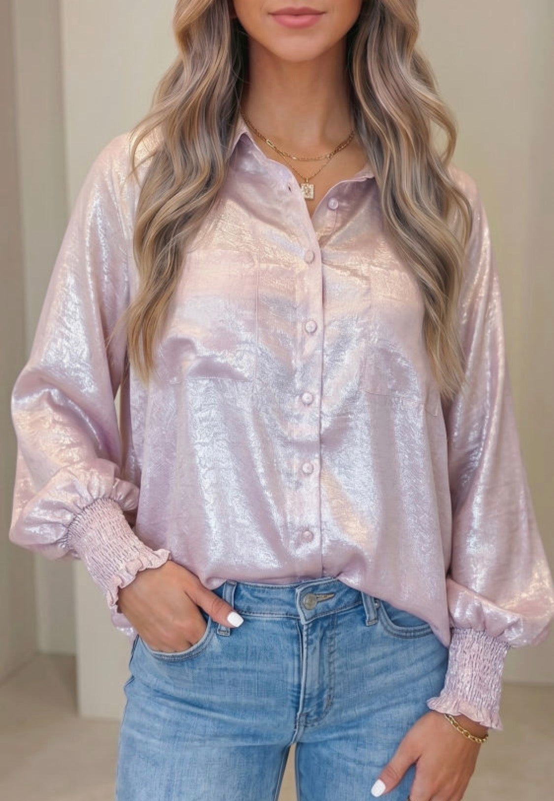 Pink metallic button down shirt