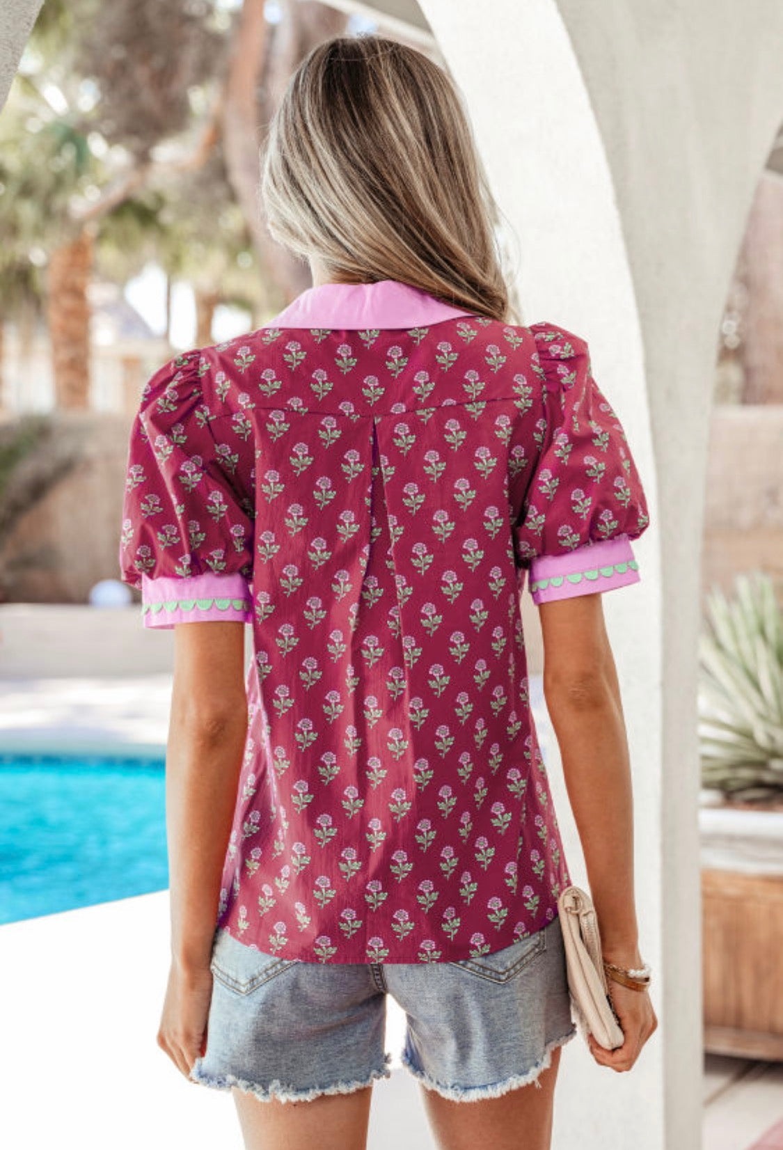 Red floral blouse