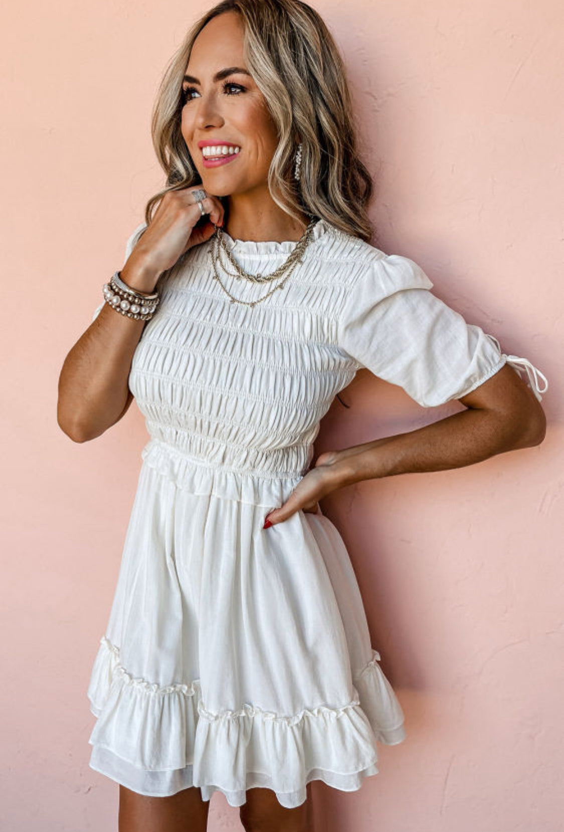 White smocked ruffle dress