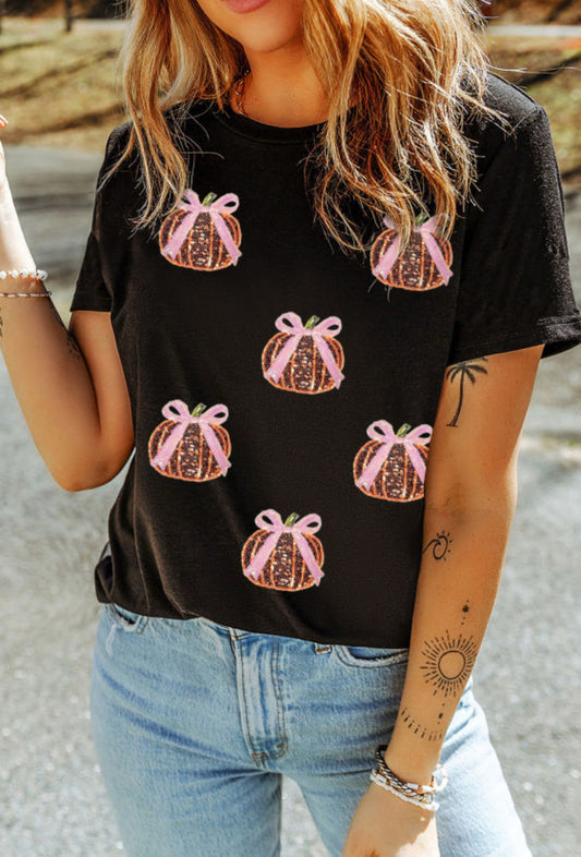 Sequin pumpkin with bow tee
