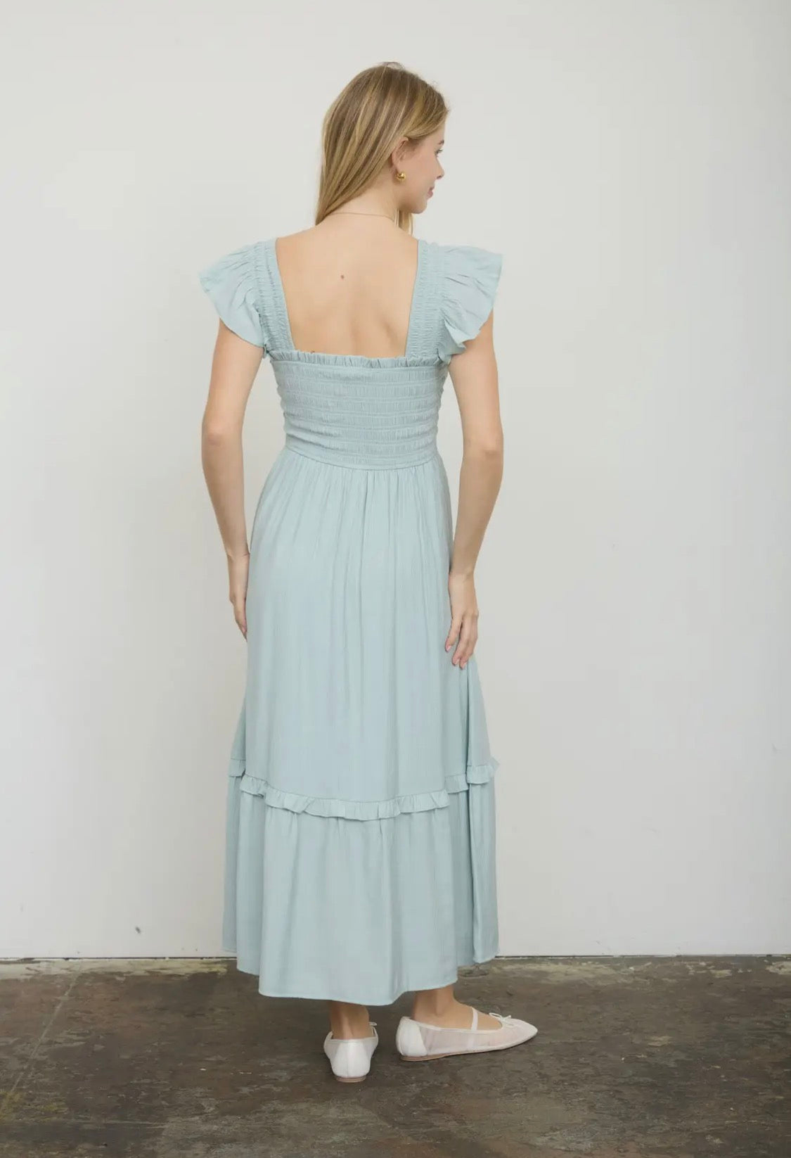 Sage smocked ruffle midi dress