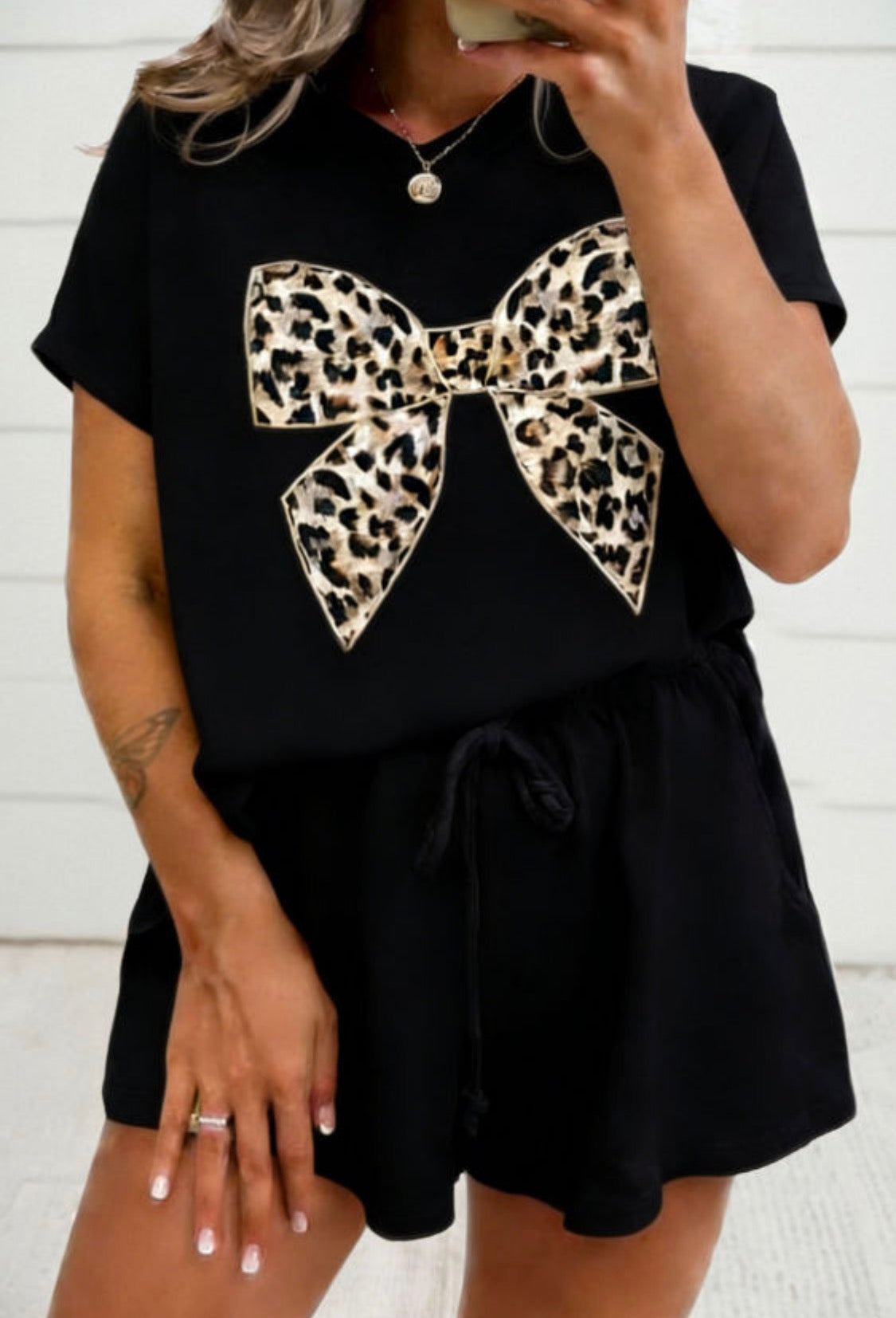 Black short set with leopard print bow