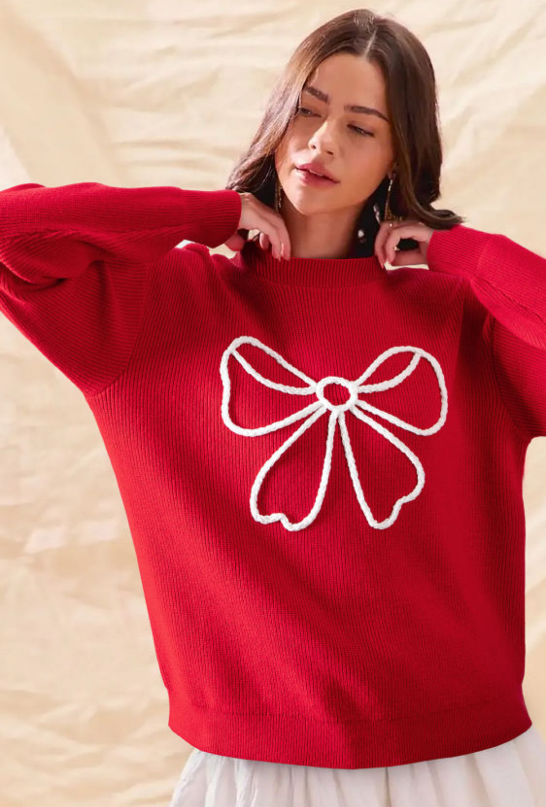 Bow embroidery red sweater