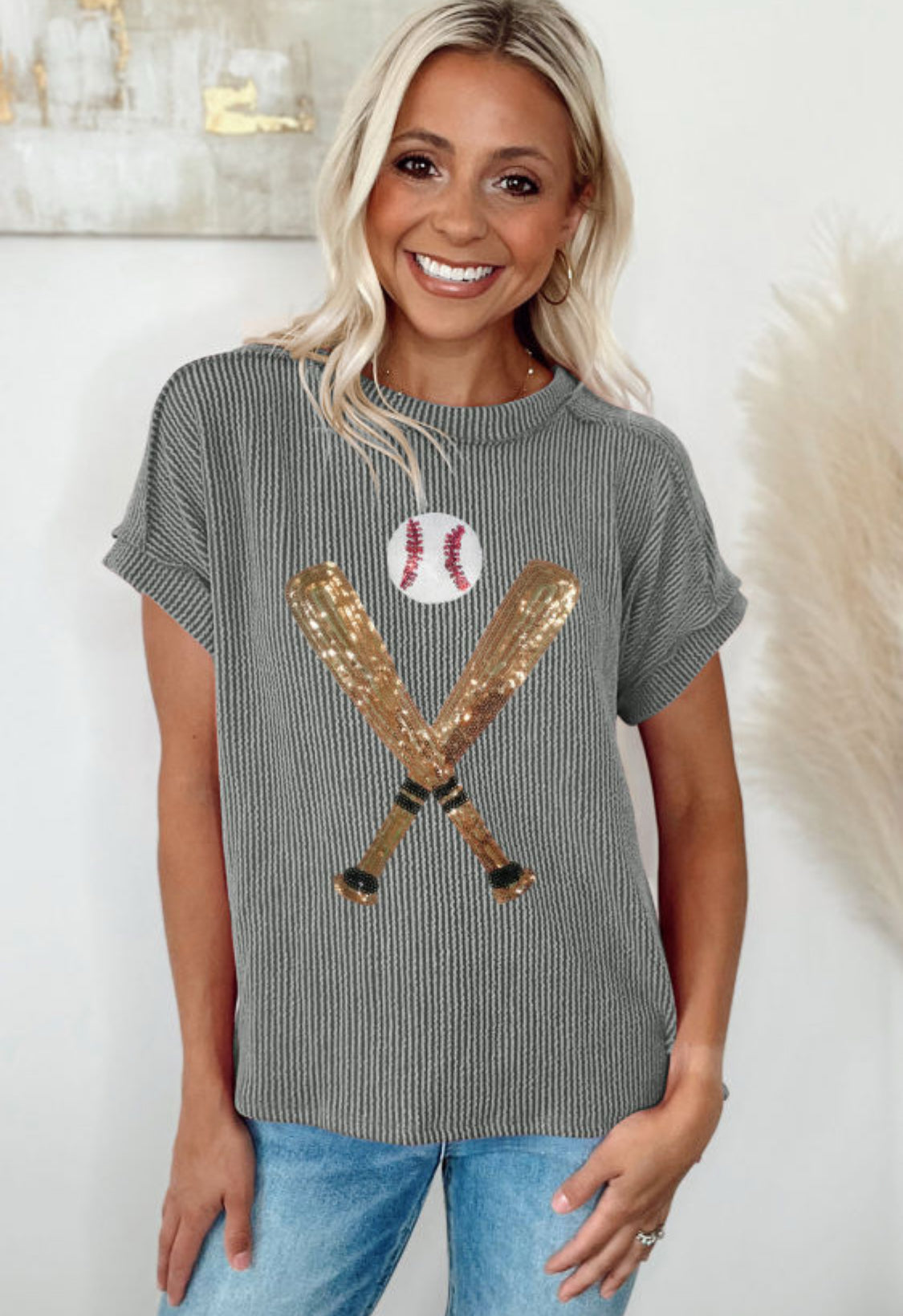 Sequin baseball corded top