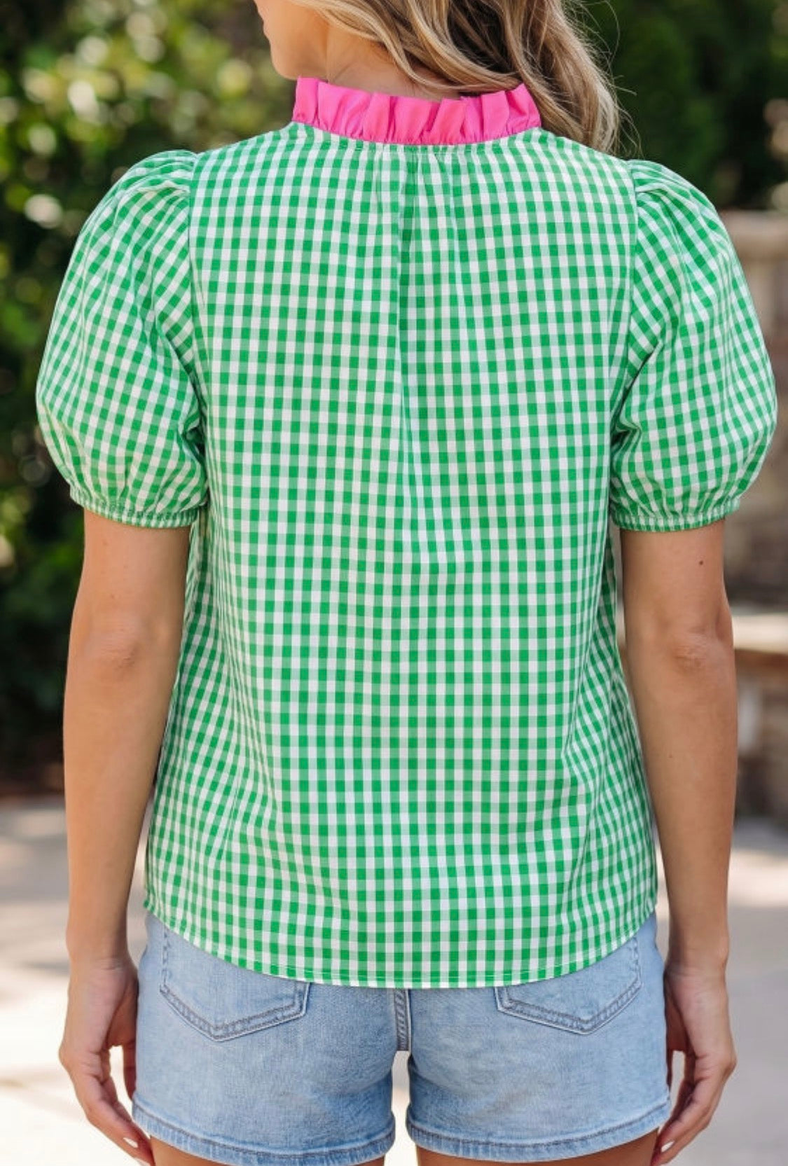 Green gingham plaid top