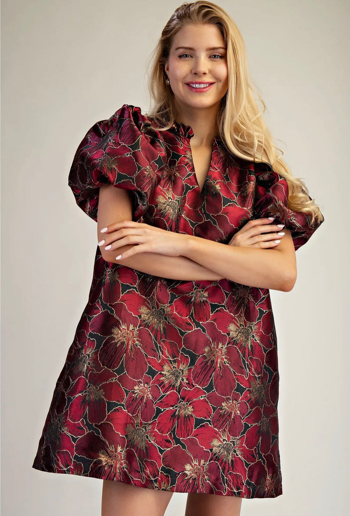 Ruffle V-neck puff sleeve dress