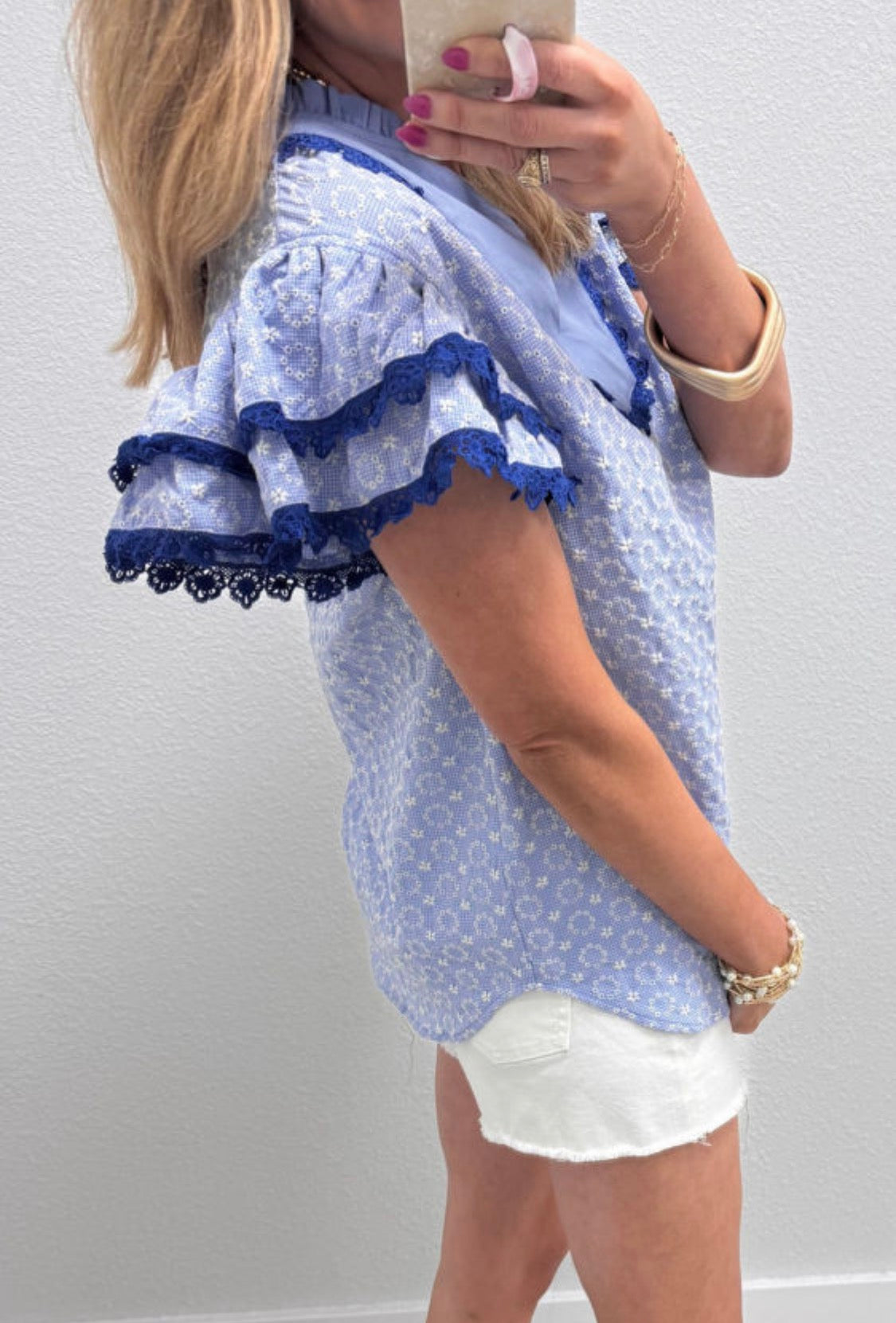 Blue embroidery flowers blouse