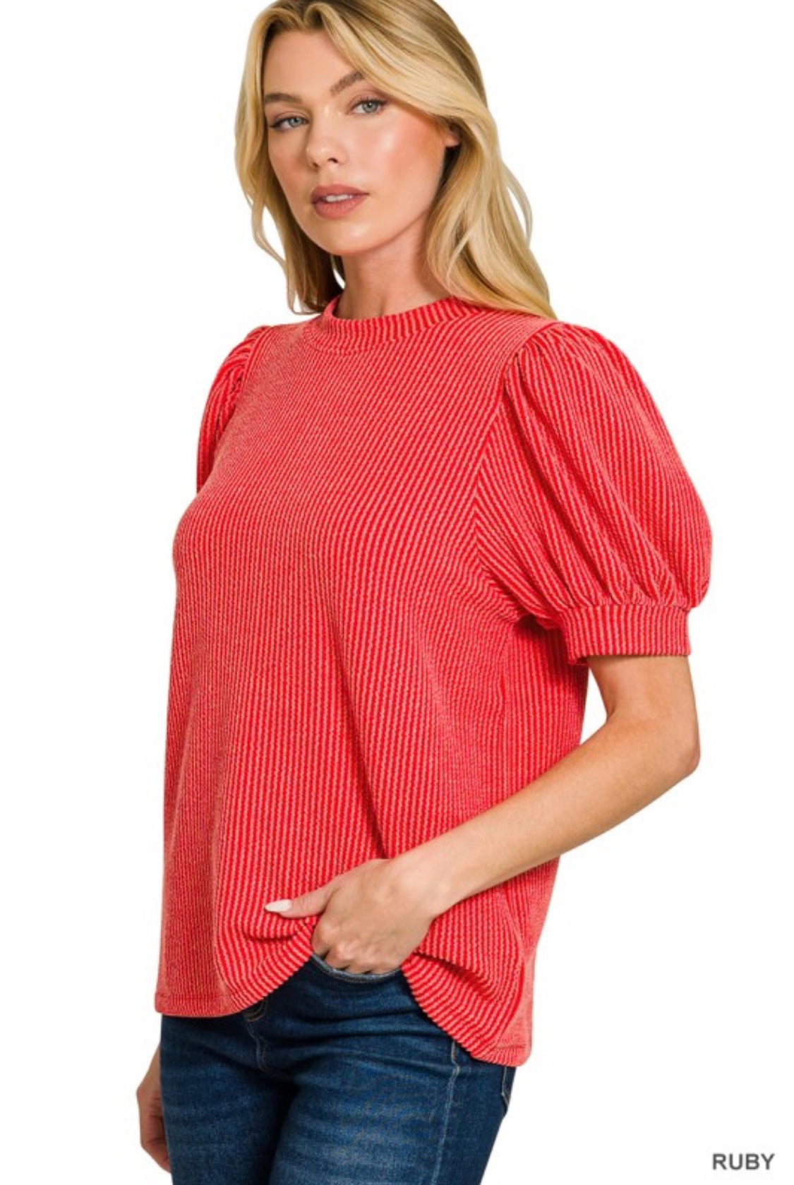 Raised rib puff sleeve top (ruby)