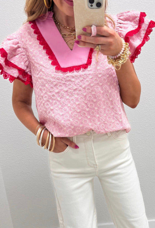 Red embroidery flower blouse