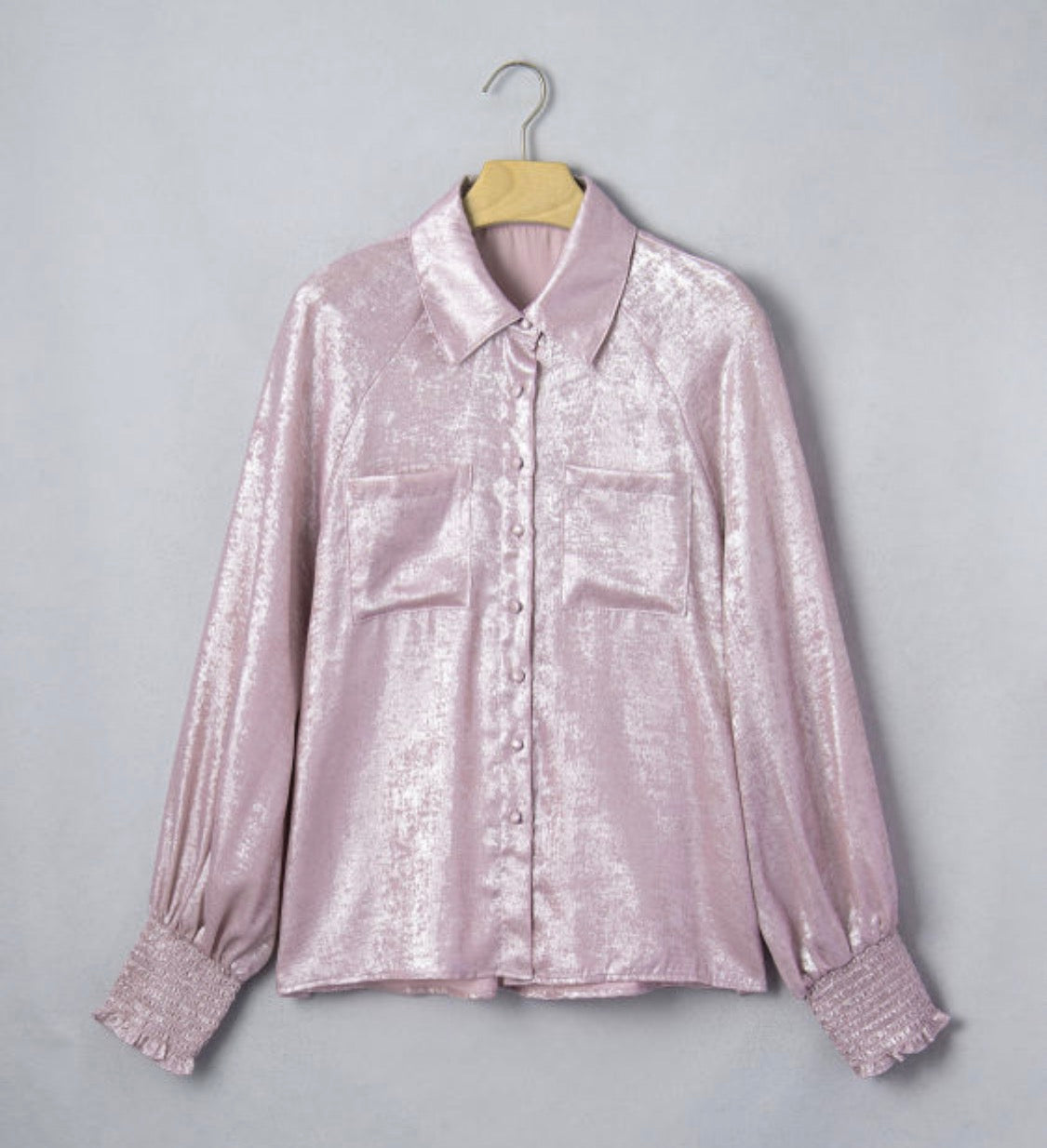 Pink metallic button down shirt