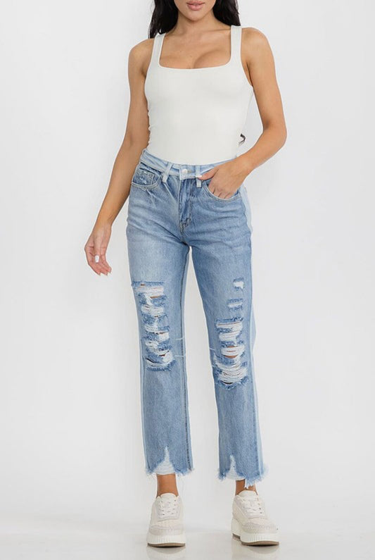 DISTRESS DENIM ZIPPER FRONT PANTS WITH POCKET