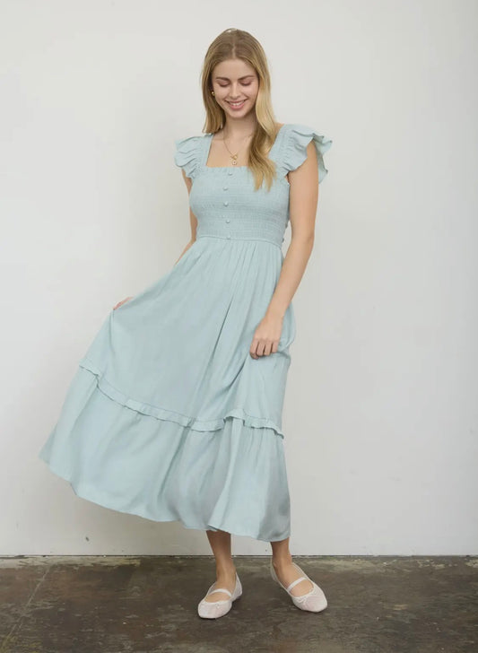 Sage smocked ruffle midi dress