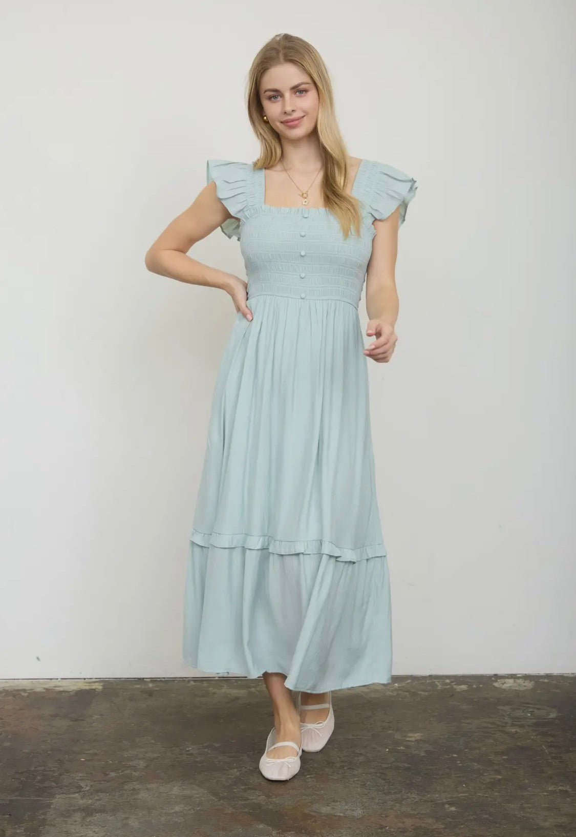 Sage smocked ruffle midi dress