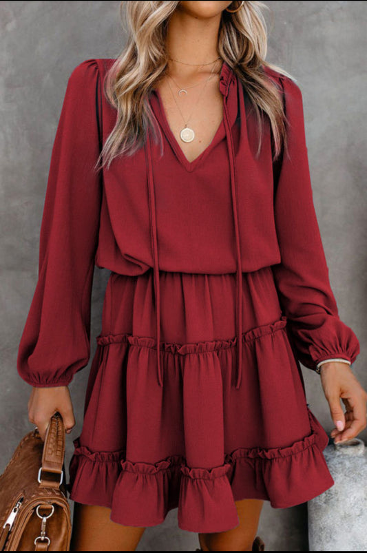 Wine ruffle mini dress