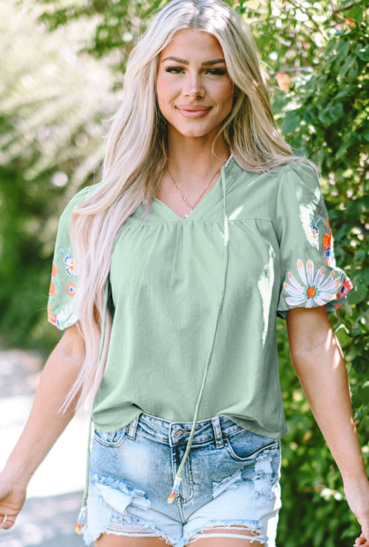 Aqua floral embroidery top
