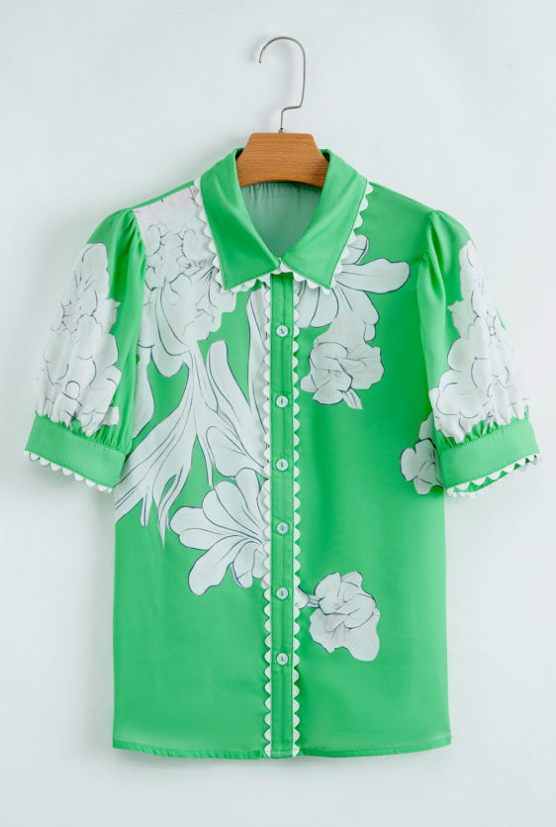 Green floral ric rac button up shirt