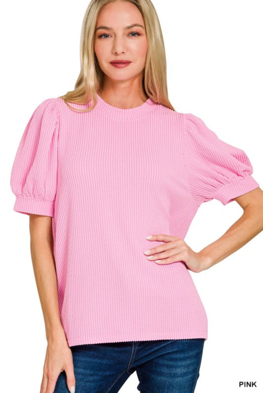 Raised rib puff sleeve top ( pink)