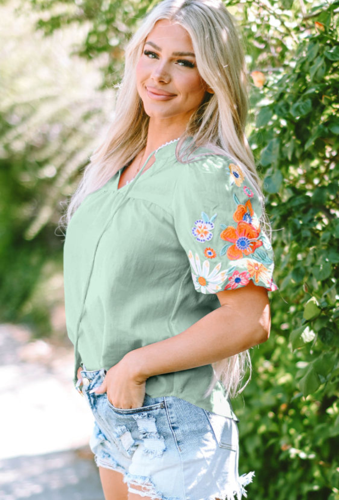 Aqua floral embroidery top