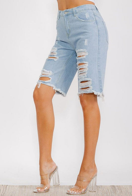 BUTTON CLOSURE POCKETS DISTRESS DENIM
SHORTS