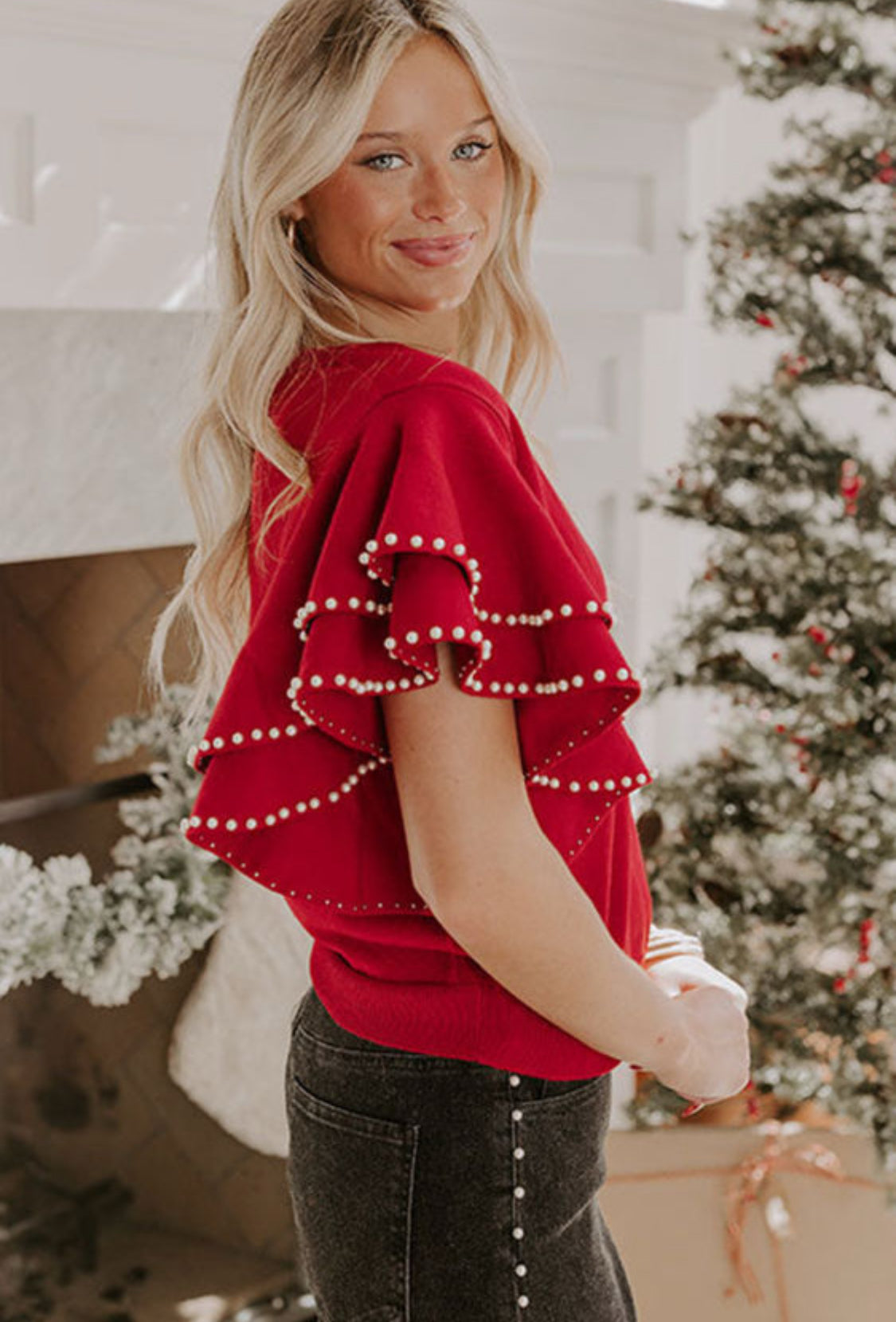 Red pearls ruffle sleeve sweater