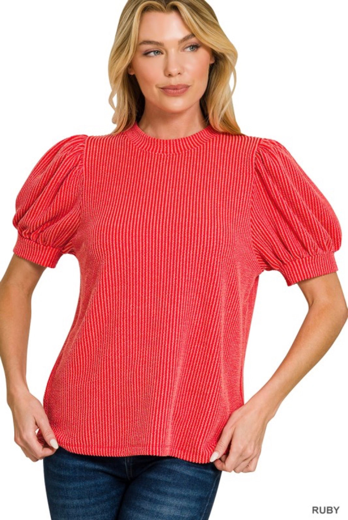 Raised rib puff sleeve top (ruby)