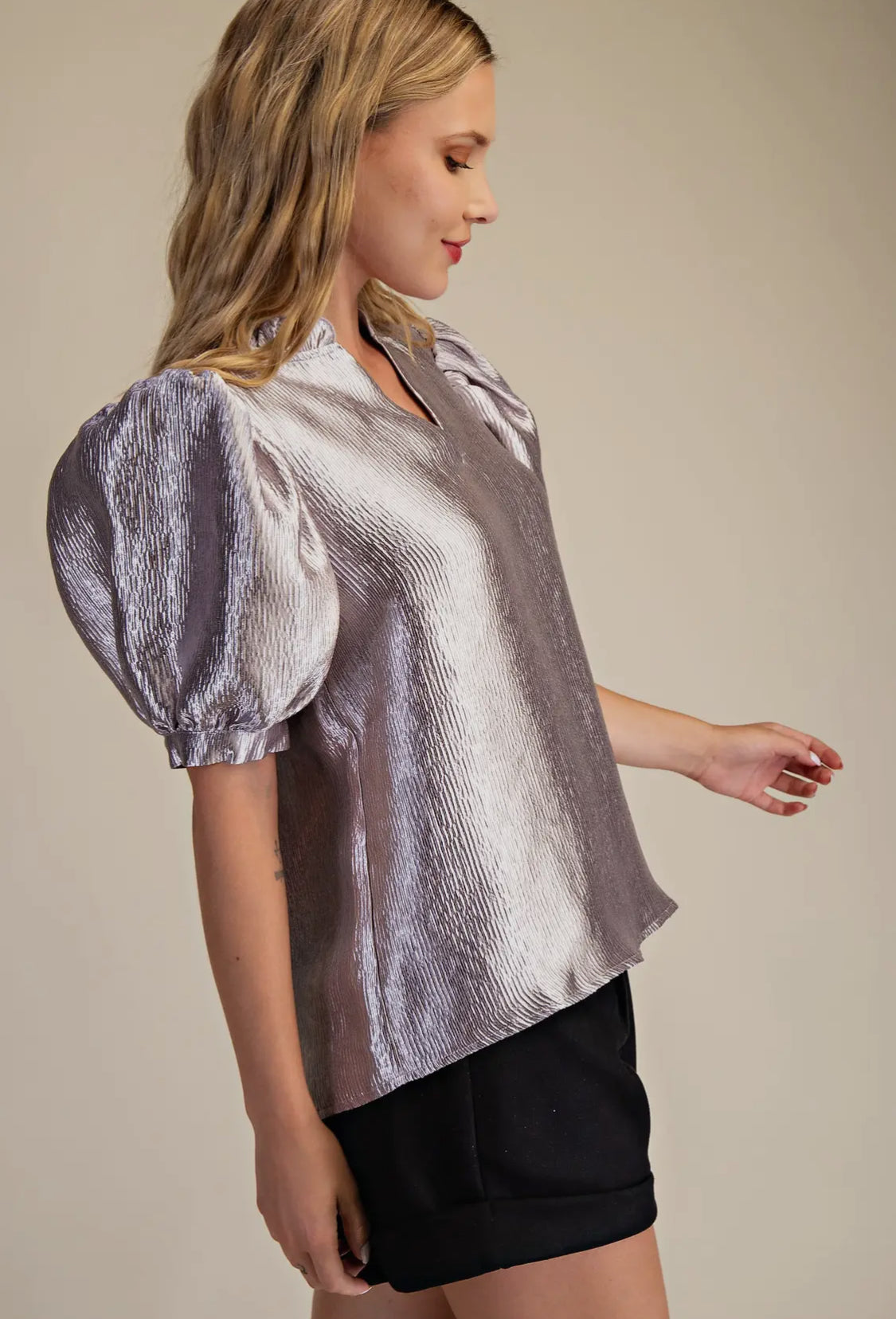 Silver metallic puff sleeve top