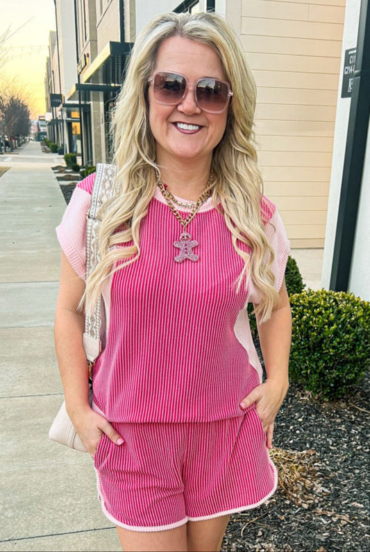 Pink ribbed 2 tones set