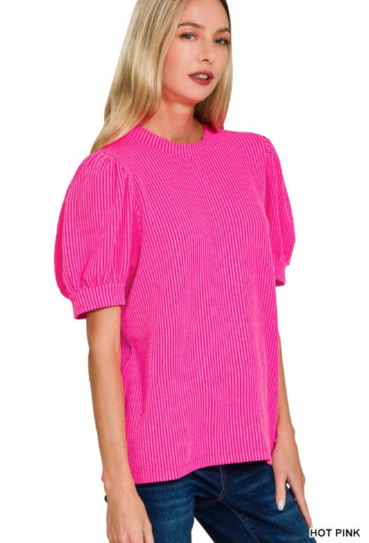 Raised rib puff sleeve top ( hot pink)